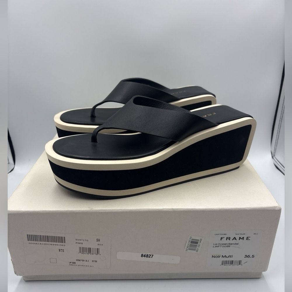 Frame Le Ocean Platform Wedge Leather Sandals Women's U.S. Size 6 Noir Multi